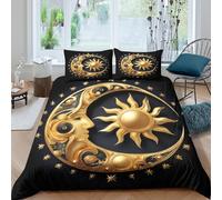 Funda Nórdica Microfibra Impresión 3D Diseño Sol Luna Dorada Suave para Dormitorio Conjunto Ropa de Cama Celestial, Transpirable Single（140x200cm）
