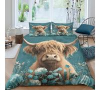 Funda Nórdica Microfibra Impresión 3D Vaca Highland Floral Suave Decoración Dormitorio Juego de Cama Vaca Highland Transpirable para Hogar Single（140x200cm）