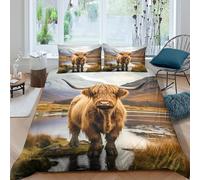 Funda Nórdica Microfibra Impresión 3D Vaca Highland Suave Todo el Año Decoración Dormitorio Juego de Cama Vaca Highland Transpirable para Hogar Single（140x200cm）