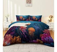 Funda Nórdica Multicolor Caricatura Exquisito Coral Medusa 260 x 240 cm Juego de Ropa de Cama de Microfibra con 2 Fundas de Almohada 50x75 cm Transpirable con Cremallera y Suave