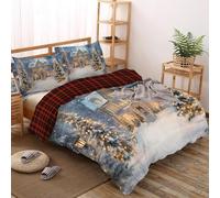 Funda Nórdica Navideña Cama 180/200 Cuento Hadas Pueblo, Juego De Funda Nórdica 260x240CM, 3 Piezas Ropa con 2 Fundas de Almohada 50x75 cm, Bosque Pinos Moderno Microfibra Reversible Colcha