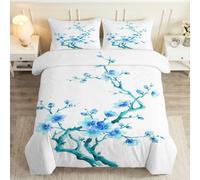 Funda nórdica Oriental con tinta de flor de ciruelo 140 x 200 cm para cama | Juego de cama cian azul para mujer, de microfibra suave, cremallera oculta y 2 fundas de almohada de 65 x 65 cm