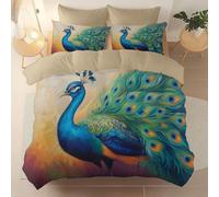 Funda nordica para Cama 105 tamaño 200 x 200 cm, Ropa de Cama de Microfibra Suave y Transpirable - Funda nórdica Estampada Pintura Al Óleo: Animales Pavos Reales para Cada habitación Amarillo