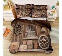 Funda Nórdica para Otoño E Invierno Marrón con Aspecto De Madera Rayado - Vaquero del Oeste A La Antigua Rueda Funda Nórdica Estampada para La Decoración del Dormitorio 230 x 220 cm