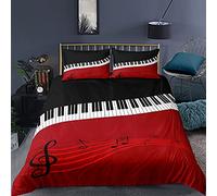 Funda Nórdica Piano Patrón de Notas Musicales de Negro Blanco y Rojo Juego de Cama 90/105/135/150 con Funda de Almohada y Cremallera (Style 1, Cama 90-150×220)