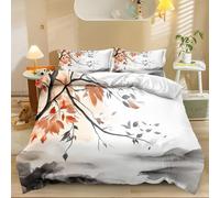 Funda Nordica Pintura De Tinta Montañas Hojas De Otoño Pájaros Suave Fundas Nordicas 240x260cm y 2 Fundas de Almohada 50x75cm, Color Claro Ropa de Cama 3 Piezas, Microfibra Fundas Nordicas