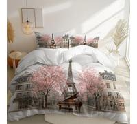 Funda Nórdica Retro Europeo Torre Eiffel Flores De Cerezo Piano. Blanco 230 Cm X 220 Cm Juego De Funda Nórdica De Microfibra 3 Piezas - 1 Funda Nórdica + 2 Fundas De Almohada 50X75 Cm, Suave