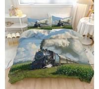 Funda nórdica retro nostálgica 140 x 200 cm, 1 funda de almohada | Verde Naturaleza Tren Campos Cielo Nubes Suave Transpirable Funda Nórdica para Adultos Niños