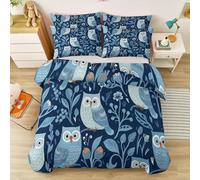 Funda Nórdica Reversible con Estampado Dibujos Animados Lindo Búho Hoja, Juego de Cama 3 Piezas en Microfibra Suave Azul Azul Oscuro con Cremallera para Niños, Niñas y Adultos 220 x 240 cm