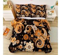 Funda Nórdica Reversible con Estampado Patrón Paisley Abstracto Flores Margaritas, Juego de Cama 2 Piezas en Microfibra Suave Naranja Negro con Cremallera para Niños, Niñas y Adultos 135 x 200 cm