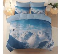 Funda Nordica Reversible - Microfibra Juego de Funda Edredon 180 x 220 cm con Cremallera - y 2 Fundas de Almohada - Diseño Naturaleza Primer Plano Montañas Nevadas Esquí, Azul Claro