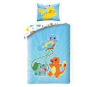 Funda nórdica reversible Pokemon con Pikachu, Salamèche, Carapuce y Bulbizarre, con funda de almohada, juego de cama de 140 x 200 cm, 65 x 65 cm