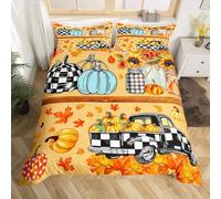 Funda nórdica rústica de granja tamaño L, otoño calabaza granja camión impresión suave juego de cama (sin edredón), hojas de arce blanco y negro a cuadros cubierta para niños, cremallera