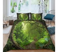 Funda Nórdica Senda Bosque 3D Impresa Microfibra Verde Natural Decoración Dormitorio Juego de Cama Bosque Suave Transpirable para Adultos Jóvenes Single（140x200cm）