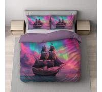 Funda Nordica, Súper Suave Microfibra, Transpirable Suave con la Piel, Juego de Funda Edredon set Reversible, con Cremallera Oculta Super King 260 x 240 cm Morado Océano Misterioso Barco Pirata