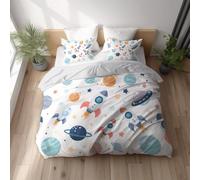 Funda Nordica, Súper Suave Microfibra, Transpirable Suave con la Piel, Juego de Funda Edredon set Reversible, con Cremallera Oculta Single 135 x 200 cm Blanco Dibujos Animados Espacio Planetas