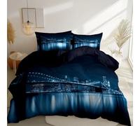Funda Nórdica Tema Arquitectura Vista Nocturna del Puente Nueva York, Azul Oscuro Juego de Cama de 3 Piezas Reversible, Ropa de Cama Transpirable en Microfibra para Dormitorio Juvenil, 260 x 220 cm