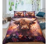 Funda Nórdica Vaca Highland Floral Impresión 3D Microfibra Decoración Dormitorio Juego de Cama Suave Transpirable para Hogar Double（200x200cm）
