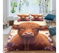 Funda Nórdica Vaca Highland Impresión 3D Microfibra Decoración Dormitorio Juego de Ropa de Cama Highland Suave y Transpirable Adultos Double（200x200cm）