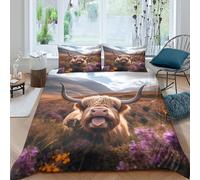 Funda nórdica Vaca Highland Paisaje impresión 3D Microfibra Decoración Dormitorio Juego de Cama Estilo Granja Suave Transpirable para Adultos Single（140x200cm）