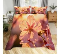 Funda Nordico Cama 90 Flores de Durazno Rosadas Funda de Edredón Gotas de Rocío Funda Nordica Microfibra Una Transpirable Agradable Fundas Nórdicas 150x200 con 2 Fundas de Almohada I.1003