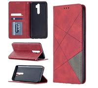 Funda OPPO A9 2020/A5 2020, SATURCASE Rhombus de cuero sintético con tapa magnética integrada para tarjetas y ranuras para tarjetas OPPO A9 2020/A5 2020 (rojo)