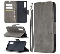 Funda OPPO Find X2 Neo, SATURCASE PU cuero Flip Magnet Wallet Stand ranuras para tarjetas Funda protectora con correa de mano para OPPO Find X2 Neo (gris)