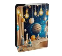 Funda organizadora para pasaporte con diseño de astronautas, cohetes y planetas, de piel sintética, para hombres y mujeres, 6.5 pulgadas, Black, Talla única