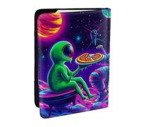 Funda organizadora para pasaporte con diseño de astronautas espaciales y pizzas alienígenas, de piel sintética, para hombres y mujeres, 6.5 pulgadas, Black, Talla única