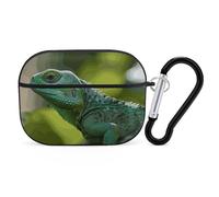Funda para Airpod Pro con clip de bloqueo seguro, funda protectora rígida de lagarto verde compatible con Airpod Pro de 2ª y 1ª generación para mujeres y hombres, LED frontal visible, negro