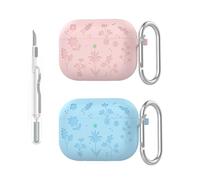 Funda para AirPods Pro 3 | Funda de silicona suave con patrón de flores | con kit de bolígrafo de limpieza y llavero | LED frontal visible | Protección completa (rosa claro + azul claro, paquete de 2