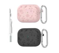 Funda para AirPods Pro 3 | Funda de silicona suave con patrón de flores | con kit de bolígrafo de limpieza y llavero | LED frontal visible | Protección completa (rosa claro + gris oscuro, paquete de 2