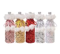 Funda para botella de vino de Navidad, 5 unidades, lentejuelas, purpurina, funda para botella de vino de Navidad, con cordón, decoración para fiestas y decoración de mesa-multicolor