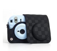 Funda para cámara compatible con cámara instantánea Fujifilm Instax Mini 12, bolsa de transporte estilo tablero de ajedrez para Polaroid Instax Mini 12 con correa, color negro