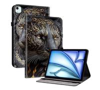 Funda para Funda para iPad Air 11 Pulgadas M3/M2 (2025/2024), Carcasa Folio Tapa Inteligente Ligera Delgada con Soporte y Tarjeta Tarjetero Auto-Sueño/Estela, León Negro de Oro