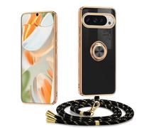 Funda para Google Pixel 10/10 Pro con Cuerda Antigolpes Carcasa con Cordón Colgante Collar Correa de Cuello Cadena Ajustable Fundas Correa Galvanizado Silicona Anti-Arañazos Case con Soporte, Negro