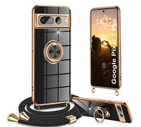 Funda para Google Pixel 7 Pro con Cuerda y Colgante Ajustable - Carcasa con Collar, Correa, Bumper Anti-caída, Anillo Soporte 360° - Negro