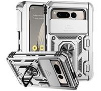 Funda para Google Pixel Fold, 360 Grado Antigolpe Carcasa Capa Doble Case, con Cubierta Deslizante de la Cámara, Soporte Giratorio de 360 ° y Funda Protectora TPU de Silicona - Plata