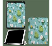 Funda para iPad 10.2 Pulgadas de 9ª/8ª/7ª generación (2021/2020/2019) con Portalápiz - Funda Protectora de Piel sintética,Auto-Sueño/Estela Floreciendo Nenúfares Ranas 1 Dibujadas A Mano - Verde