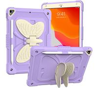 Funda para iPad de 10.2 Pulgadas 2021/2020/2019 con Correa para el Hombro, Funda Protectora Resistente a Prueba de Golpes con Soporte de Mariposa para 9ª/8ª/7ª generación (Blanco + Morado)