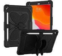 Funda para iPad de 10,2 Pulgadas 9a/8a/7a Gen 2021/2020/2019 con portalápices, Funda Protectora Robusta a Prueba de Golpes Resistente con Correa y Soporte de Mariposa para iPad de 10,2", Color Negro