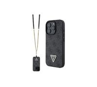 Funda para iPhone 16 Pro con Correa, con Logotipo y diseño de Piel Aprobado por la Marca Global Guess. De CG-Mobile. (Negro)