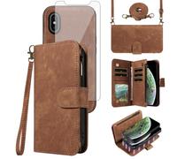 Funda para iPhone Xs X 10 10s con cierre tipo cartera y protector de pantalla de vidrio templado, correa cruzada, tarjetero, iPhone X, iPhone Xs, iPhone 10 i, PhoneX SX 10 x 10xs X, para mujeres y