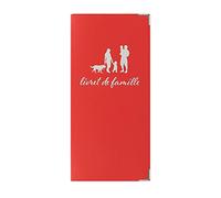 Funda para libro de familia, color rojo, fabricación francesa, piel sintética, refuerzo metálico, protección de documentos y portapapeles.
