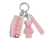 Funda para llave de coche compatible con Ford Fiesta, Focus, Galaxy, Kuga C-Max, S-Max, Mondeo MK4, funda para llave de automóvil Ford de 3 botones plegable con llavero (rosa brillante)