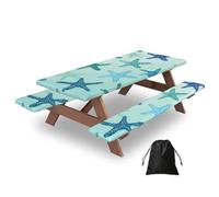 Funda para mesa de camping con diseño de estrella de mar, 3 piezas, con protectores de banco, elástico, impermeable, rectangular, para comedor al aire libre, con bolsa de almacenamiento