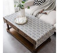 Funda para mesa de centro con bolsillos y borlas, mantel rectangular de lino y algodón rústico, a prueba de polvo, antiarrugas, para sala de estar, TV, armario, mesa de comedor (azul y blanco, 28 x 67