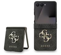 Funda para Móvil Guess Galaxy Z Flip7 Patrón Imitación Piel Gris Big Logo Dorado