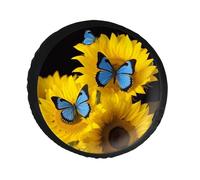 Funda para neumático de repuesto de girasoles amarillos con mariposas azules, de piel de PVC, a prueba de polvo, impermeable, para cámper, remolque, camión, SUV, diámetro de 28-34 pulgadas