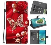 Funda para OPPO A5X/A5i Carcasa Wallet Phone Cover Case Mariposas Rojas Perla,Plegable,Funda de Piel con Cierre magnético,función de Soporte y Ranuras para Tarjetas para OPPO A5X/A5i